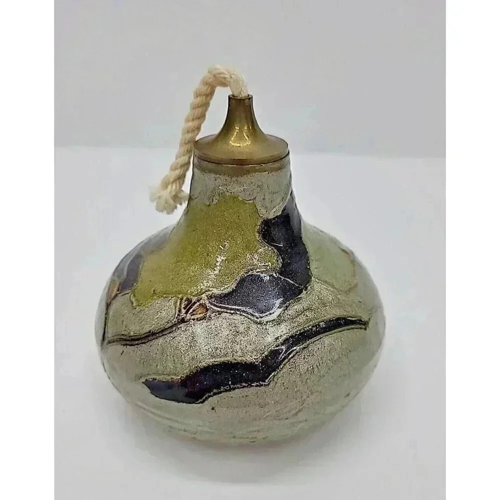 Vintage Brass Oil Pot Hand Clad with Ceramic Details Unused